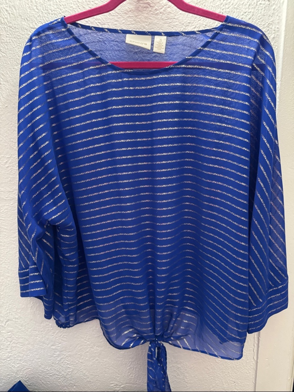 Chico's Royal Blue Metallic-Striped Tie-Front Blouse